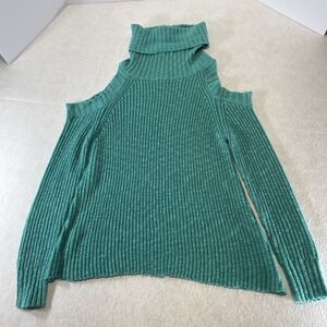 Rock & Roll Cowgirl Cold Shoulder Turtleneck Sweater Teal Ribbed Knit M